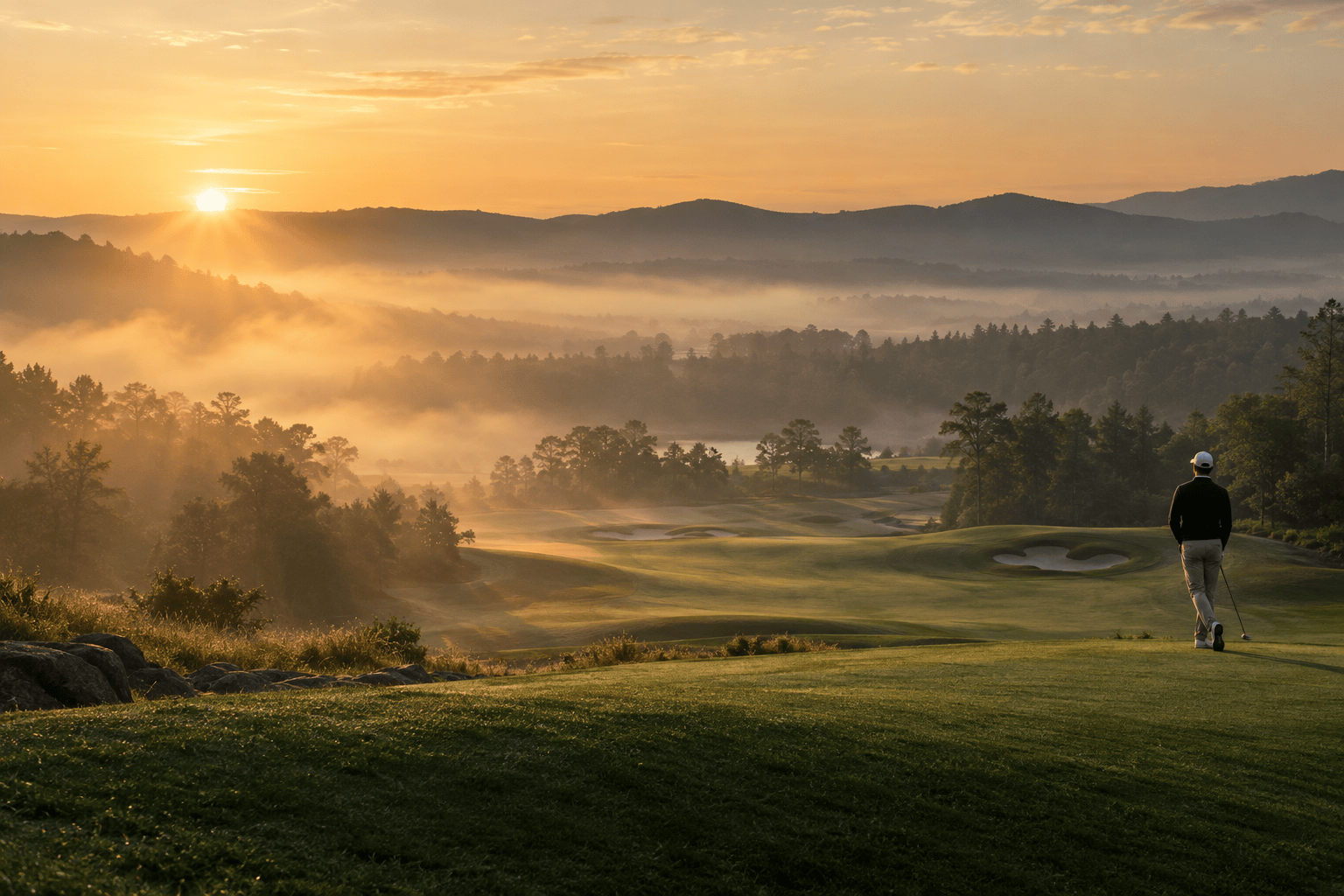 A lone golfer looking across a misty fairway in the warm light of dawn