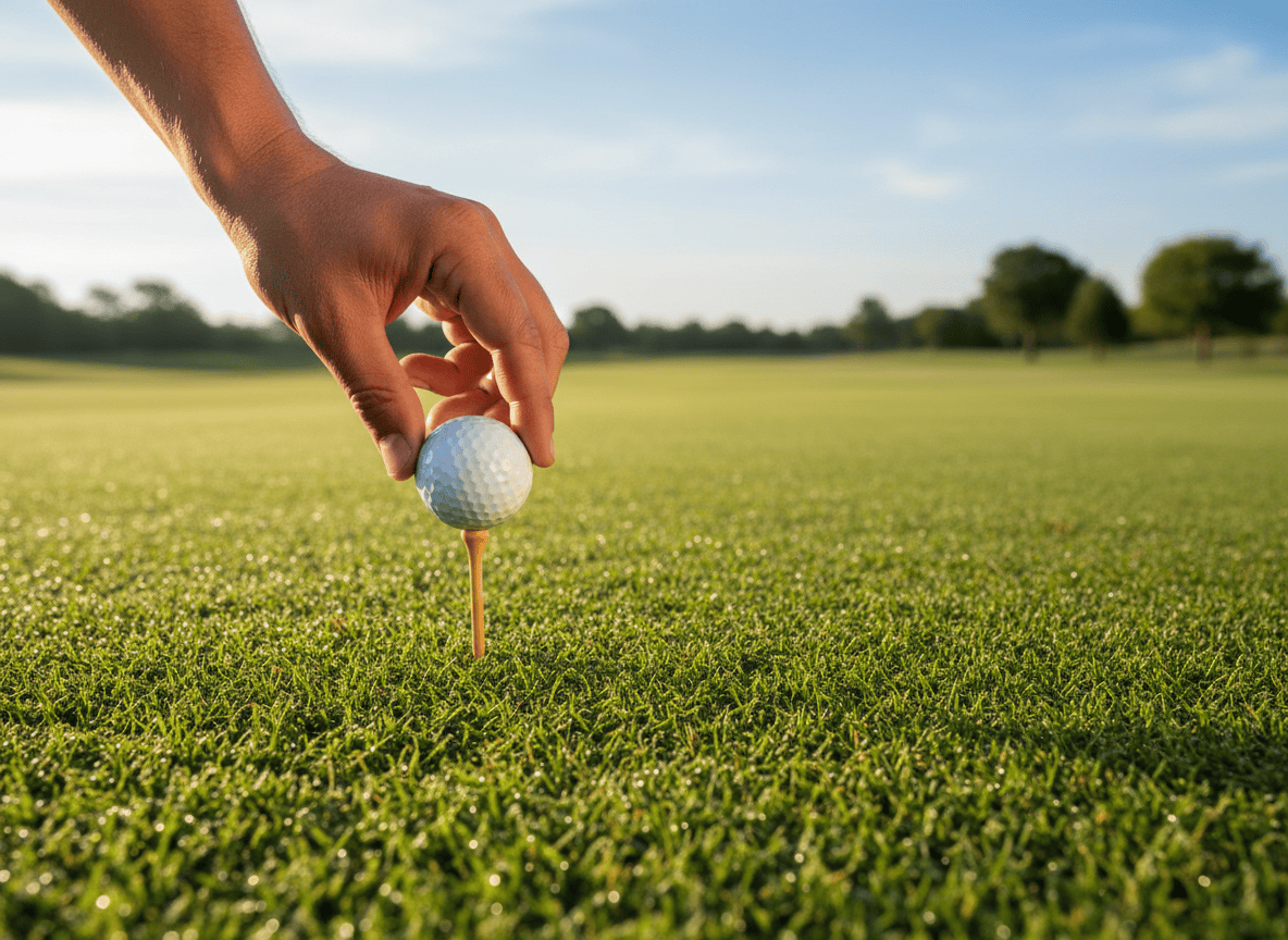 Golfer teeing up a ball on the first hole