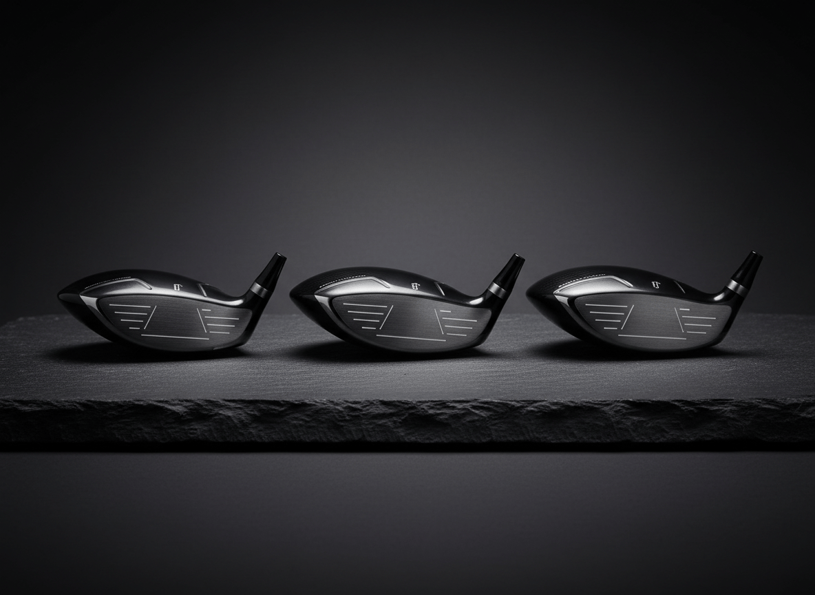 Three golf driver heads side by side