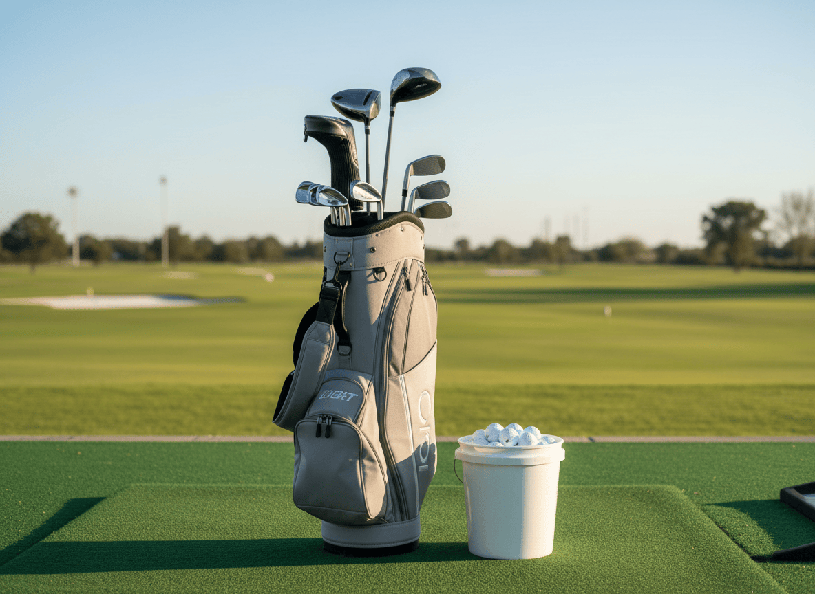 Beginner golf bag and range balls at a driving range
