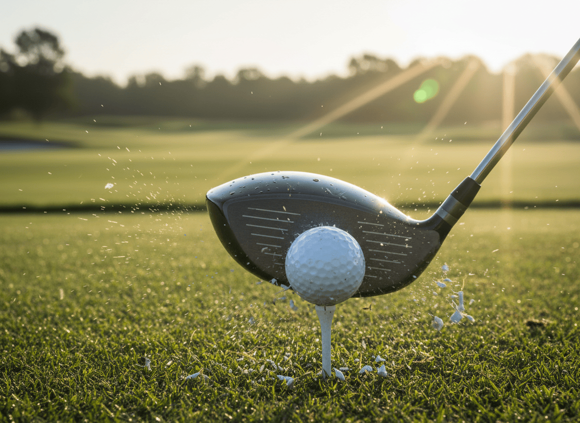 Golf driver striking a ball off the tee