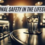 Banner-sized close-up of an unattended drink on a bar table in a dimly lit setting, subtly suggesting potential risks in social environments. Blurred shadows of people in the background add a sense of mystery and awareness, emphasizing the importance of personal safety with drinks in public spaces. The words Personal Safety in the Lifestyle across the top.