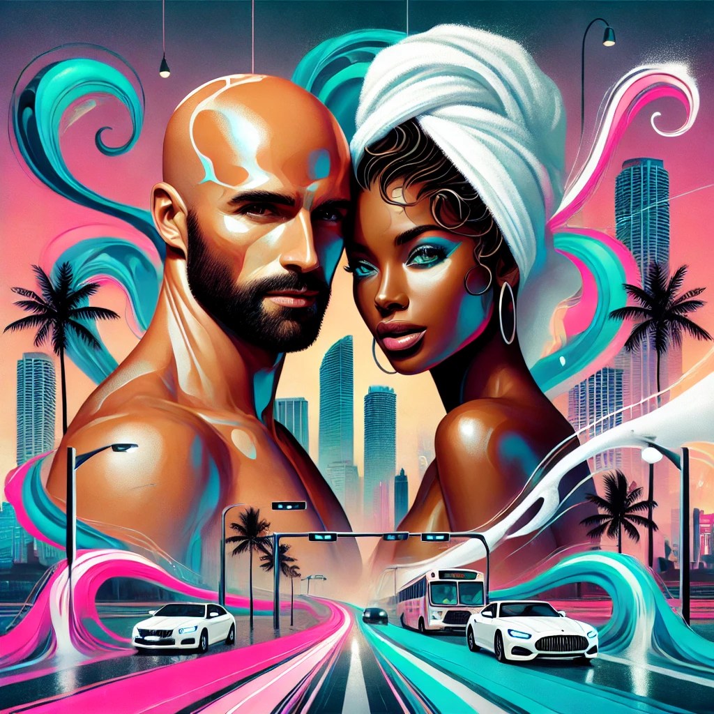 Dante & Onyx in a modern art interpretation of the story Foamy Nights, enjoying their Miami Velvet Swinger Experience