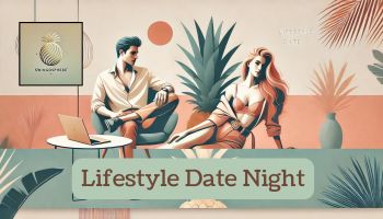 Refined and modern banner image featuring two couples in casual yet sophisticated poses, with soft, warm tones of pink, orange, and teal. Minimal, abstract pineapple shapes in the background evoke a light tropical feel, creating an inviting and stylish atmosphere for a blog post about planning a swinging lifestyle date.