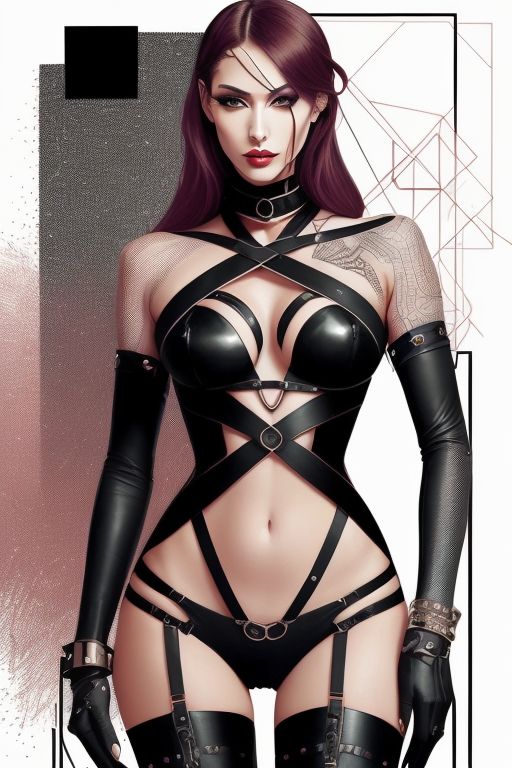 A striking digital artwork of a woman dressed in a bold and intricate black leather harness outfit. The design features crisscrossing straps, metallic rings, and a structured top, complemented by thigh-high boots and long gloves. She has long, sleek burgundy hair, sharp facial features, and piercing eyes, exuding confidence and intensity. The background incorporates geometric patterns and gradients, enhancing the edgy and futuristic aesthetic.