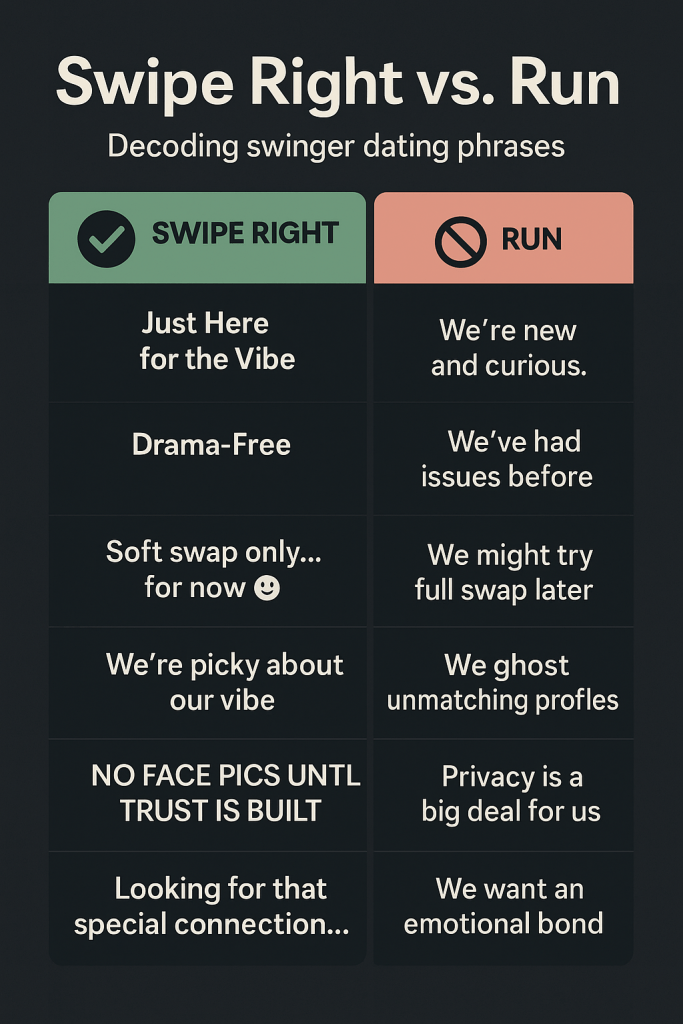 Phrases found in swinger dating profiles. 