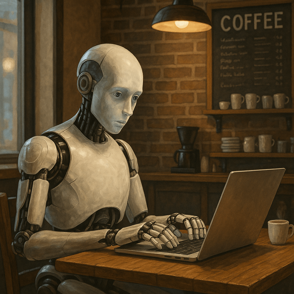 a robot in a coffee shop typing on a laptop