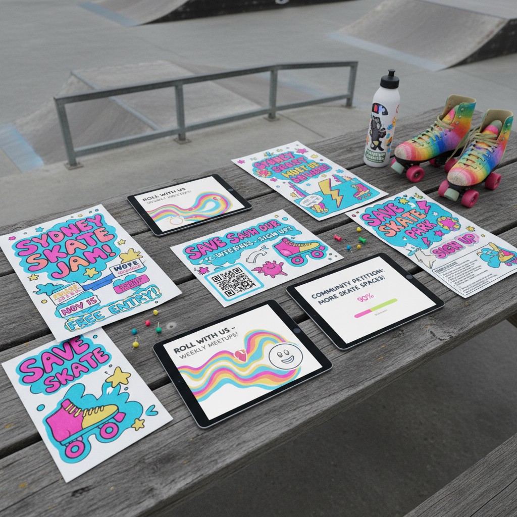Many flyers, posters, and social media posts with a colorful, hand-drawn design related to a community initiative to save ...