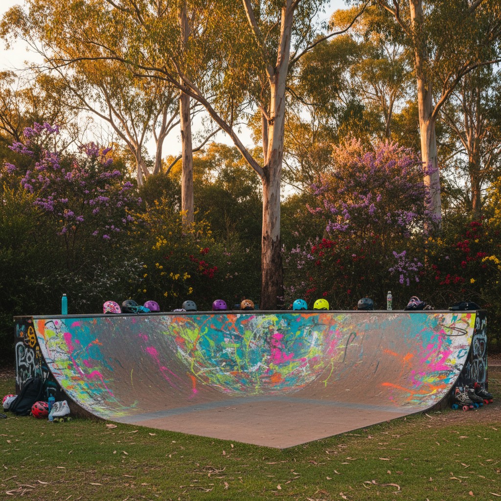 A vibrant skateboard ramp with a concrete interior, adorned with a kaleidoscope of colors. The wooded park in the backgrou...