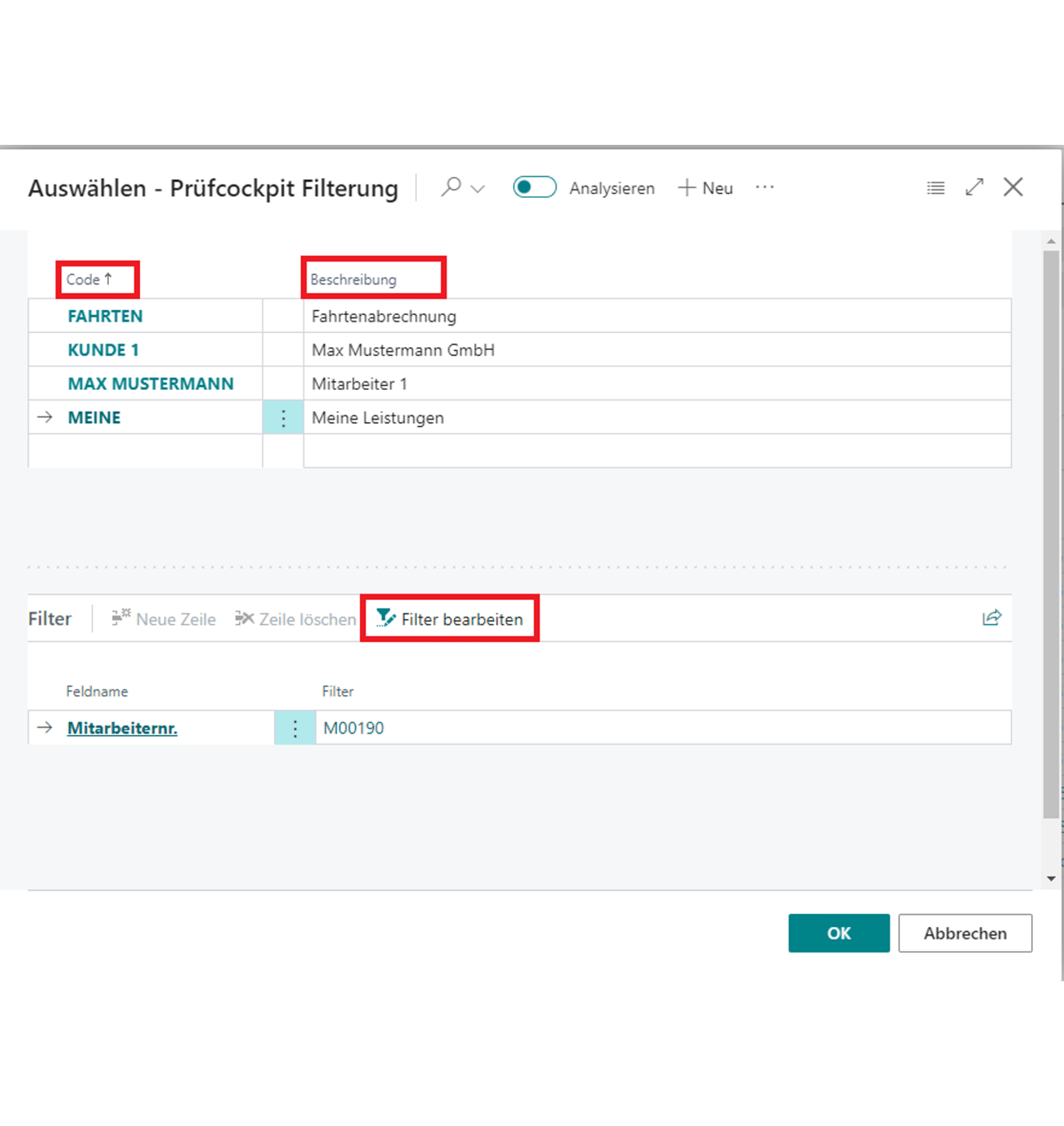 Prüfcockpit Filter Neu Erstellen in bizops