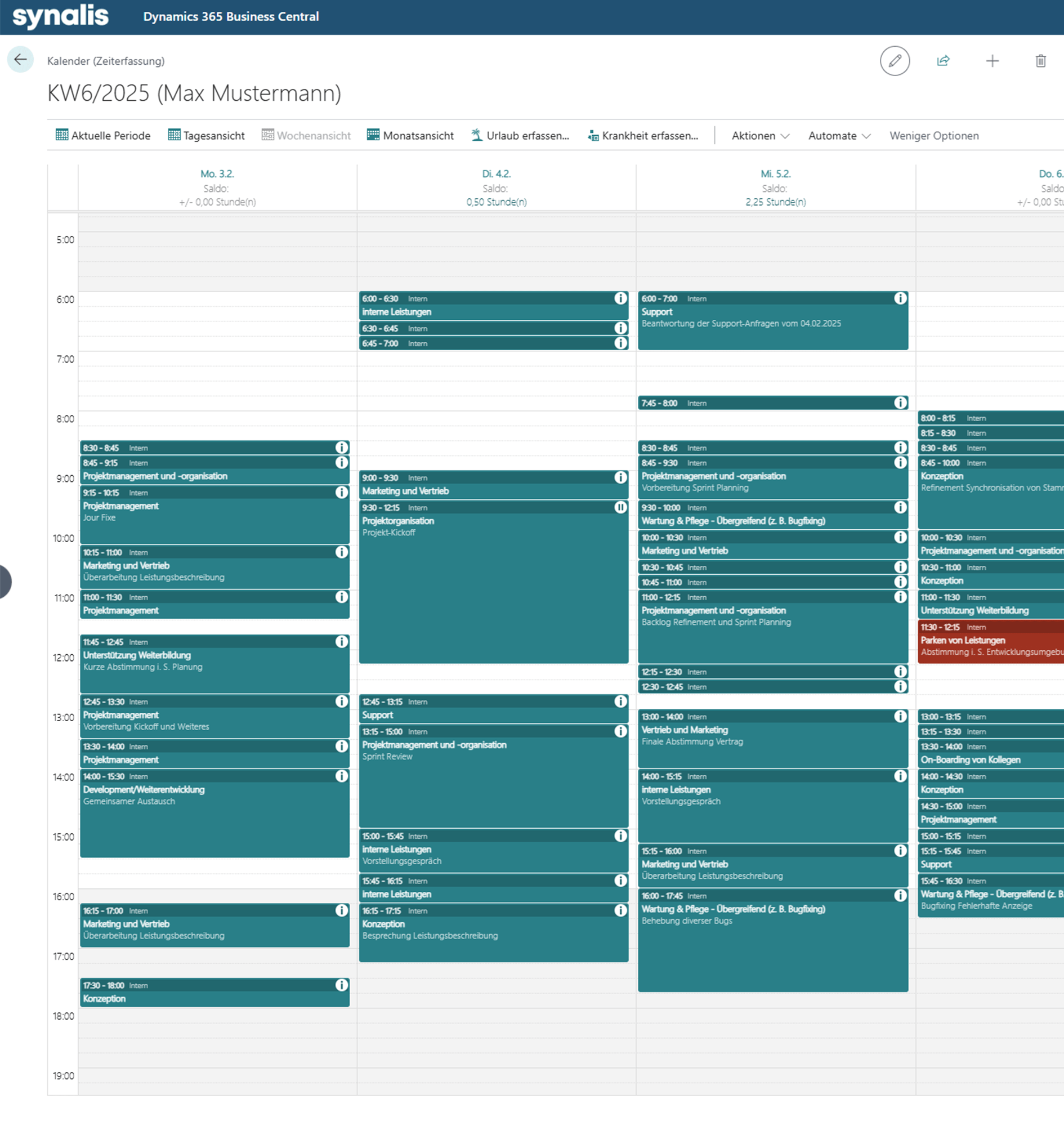 Kalenderansicht in bizops Professional Services