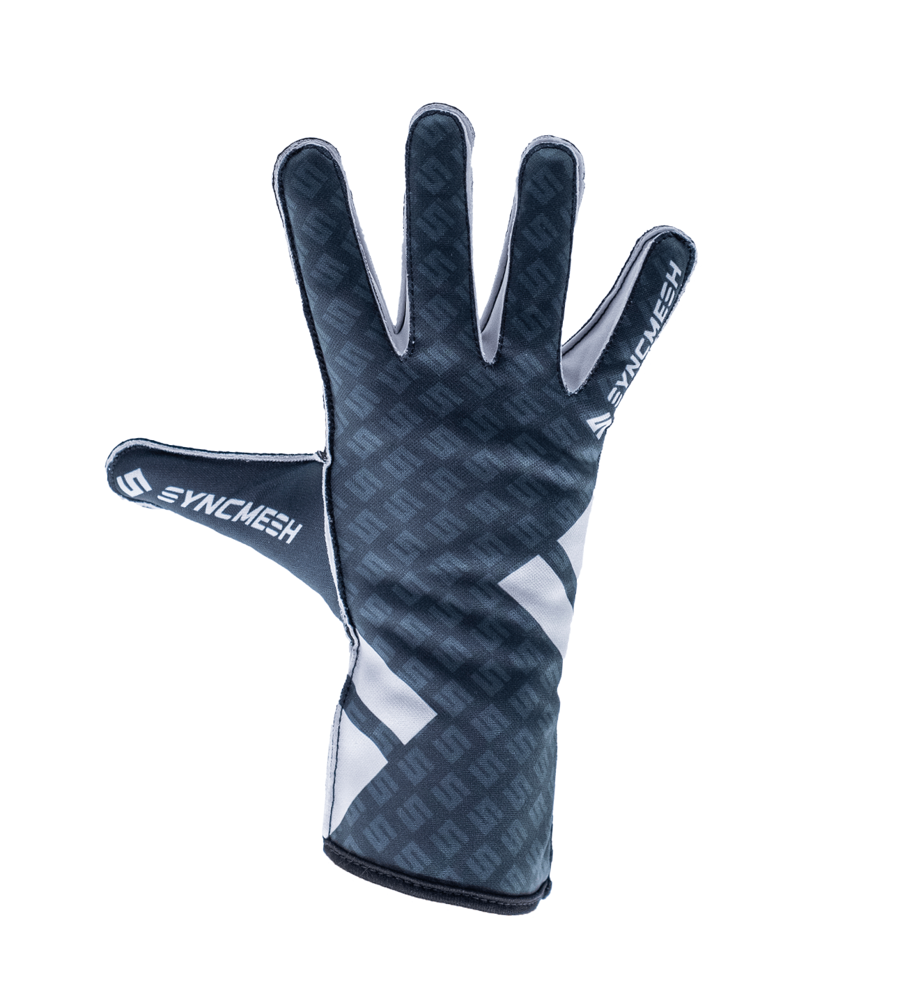 Dark gray cycling glove with long cuff and white trim, brand text visible on the wrist area.