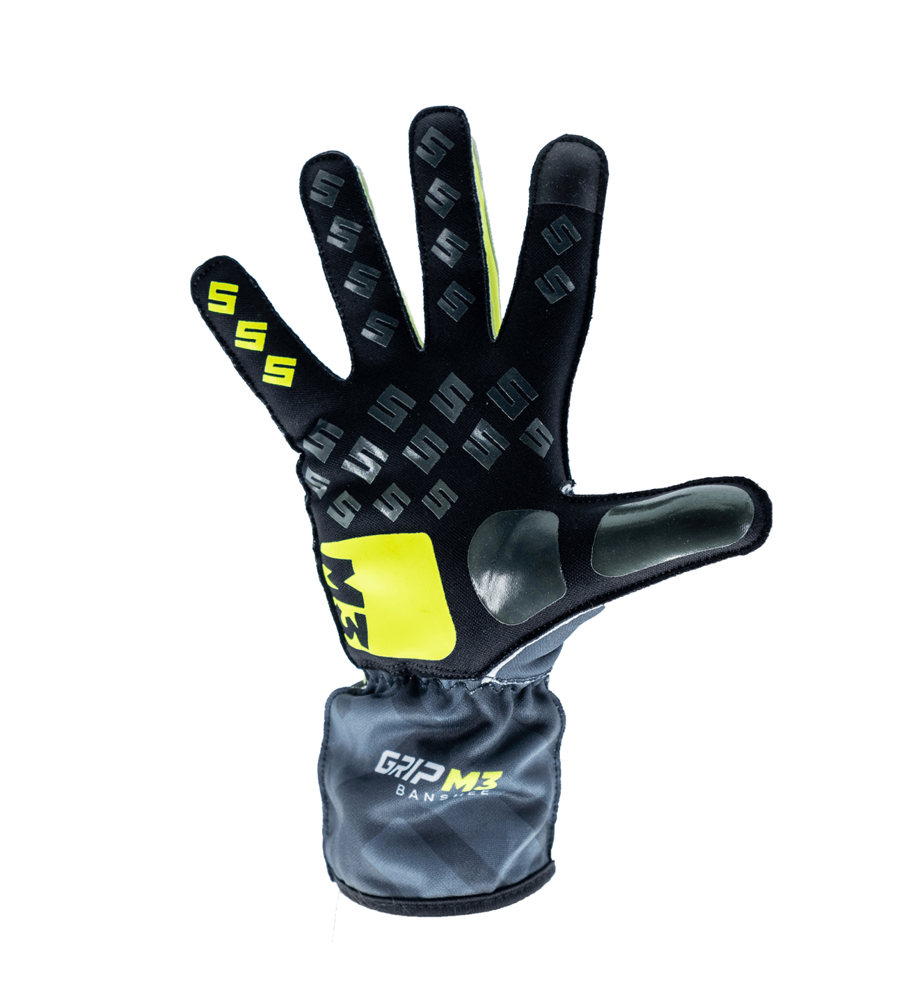 A black athletic glove with neon yellow accents and palm grip pads, designed for improved grip and protection during sports or cycling, shown from palm-side view.