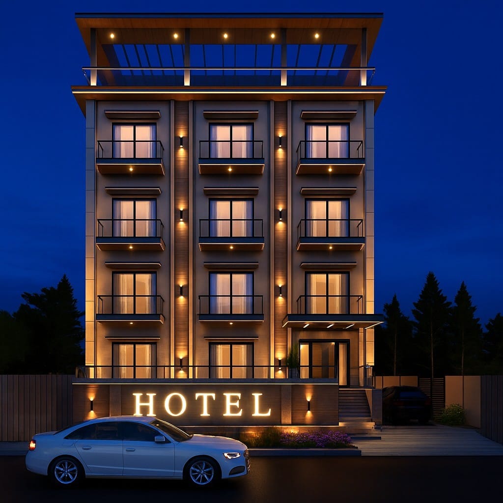 night view of multi-storey hotel elevation design in Lucknow with balconies, rooftop pergola and warm exterior lighting by Synergy Projects.
