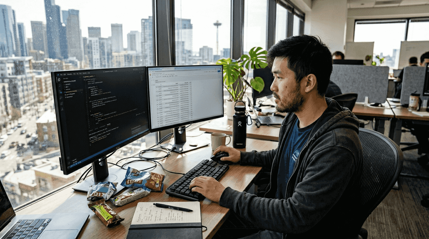 Engineer coding generative AI project corner office