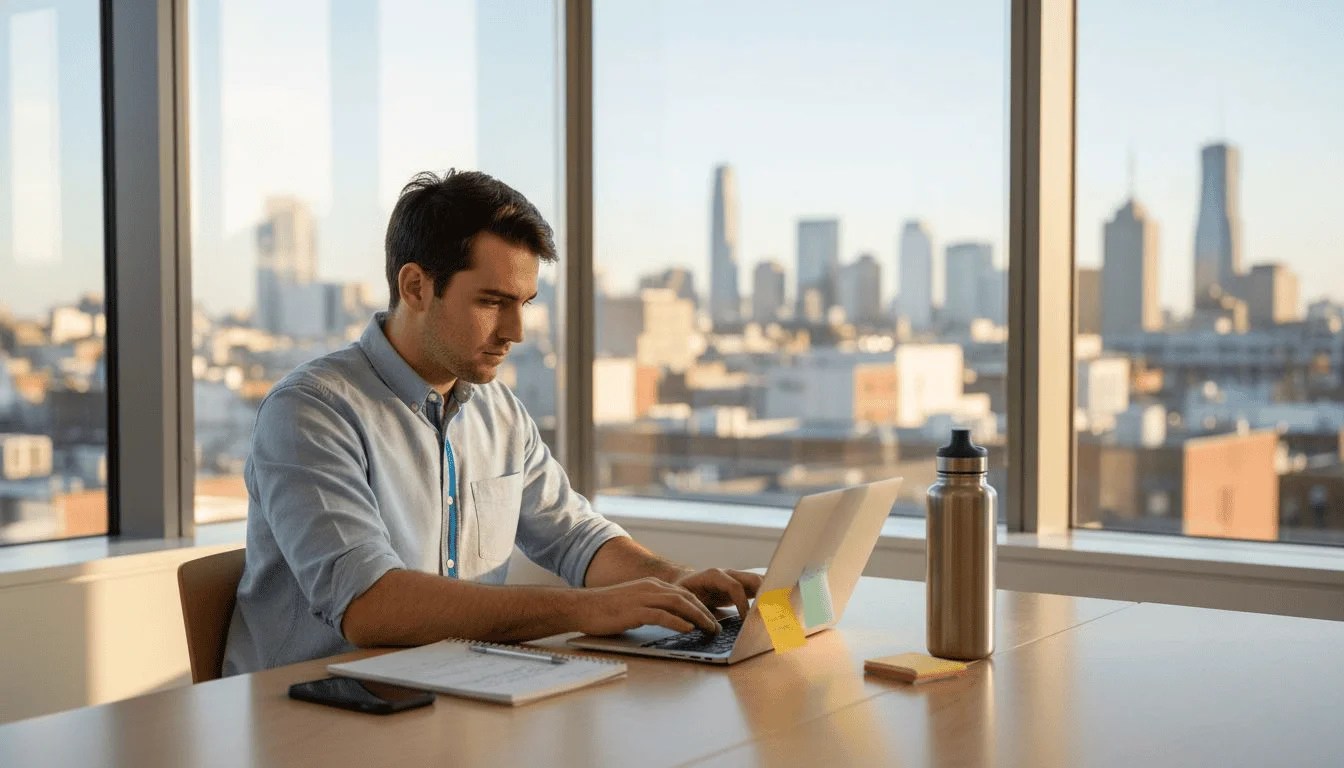 Data analyst working in sunlit office workspace