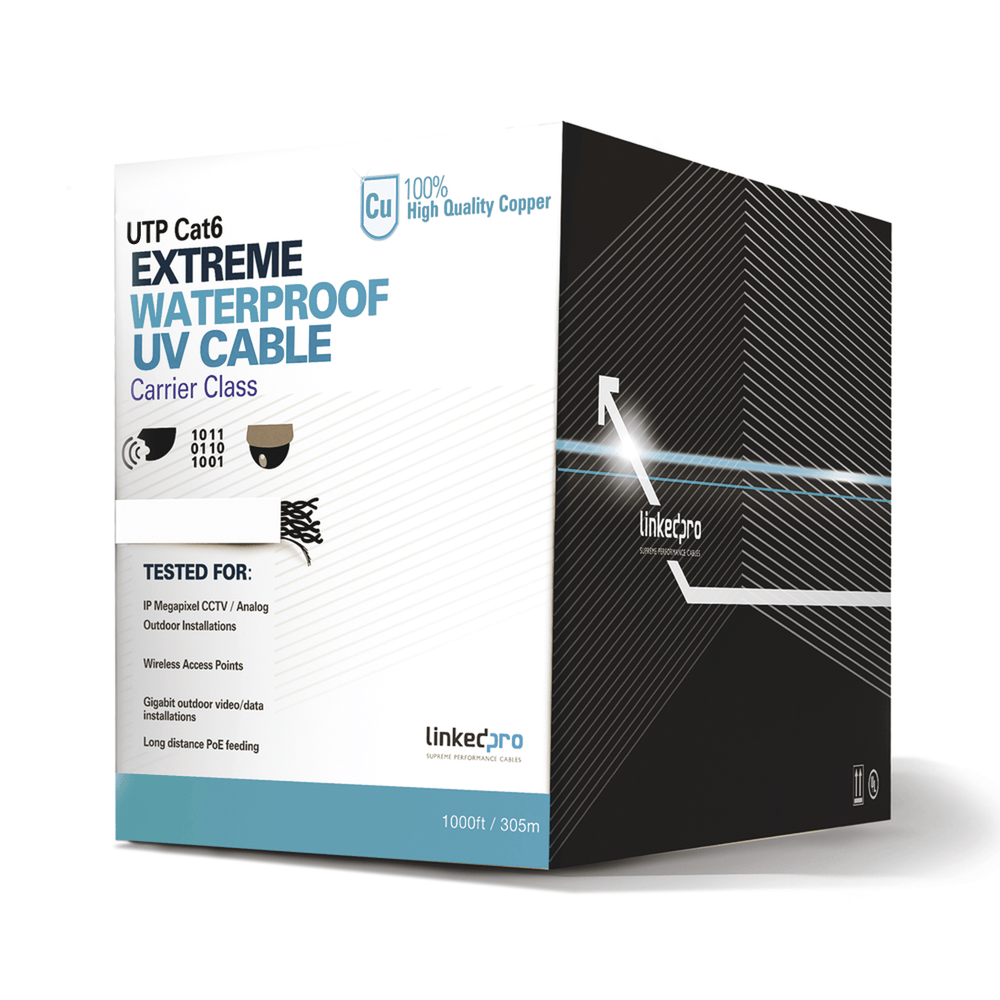 Cat6 UTP Outdoor Bulk Cable / 23 AWG Solid Copper / 1000 ft (305m) / UV-Resistant / PoE+ / CMX Rated / White