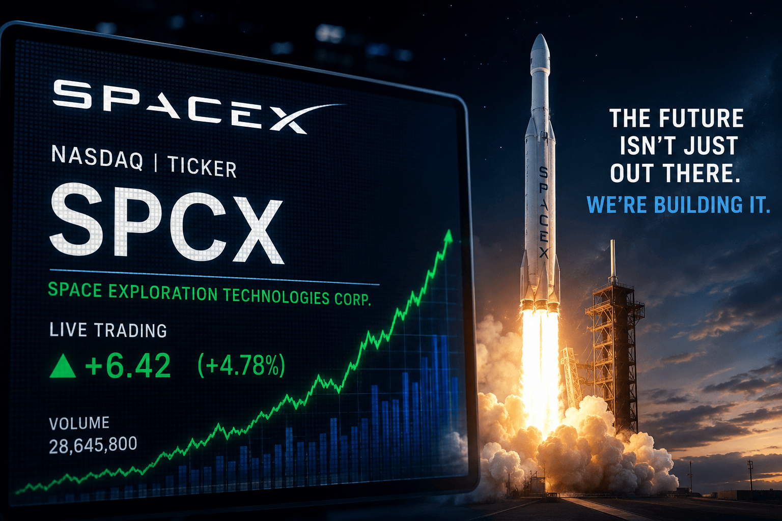 SpaceX SPCX ticker displayed on a digital stock market screen with a Falcon rocket launch in the background.