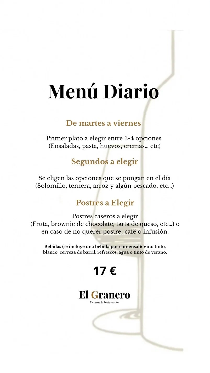 Menú diario disponible de martes a viernes en horario de comidas