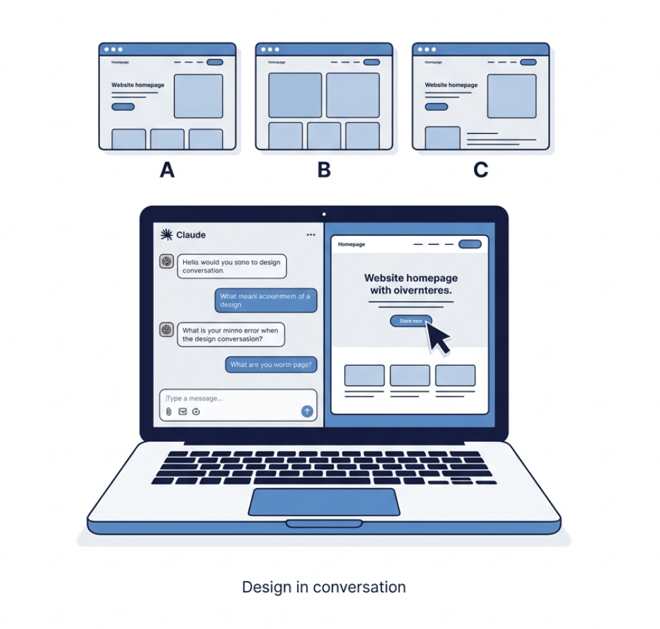 Three homepage concept boards beside a Claude chat window shaping a design by conversation.