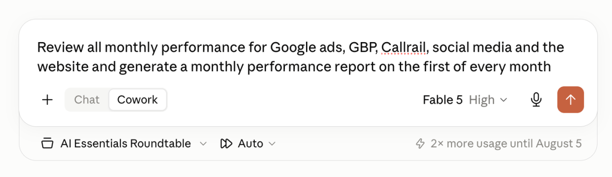 Screenshot of a Cowork task prompt instructing a monthly performance report to be generated on the first of every month.