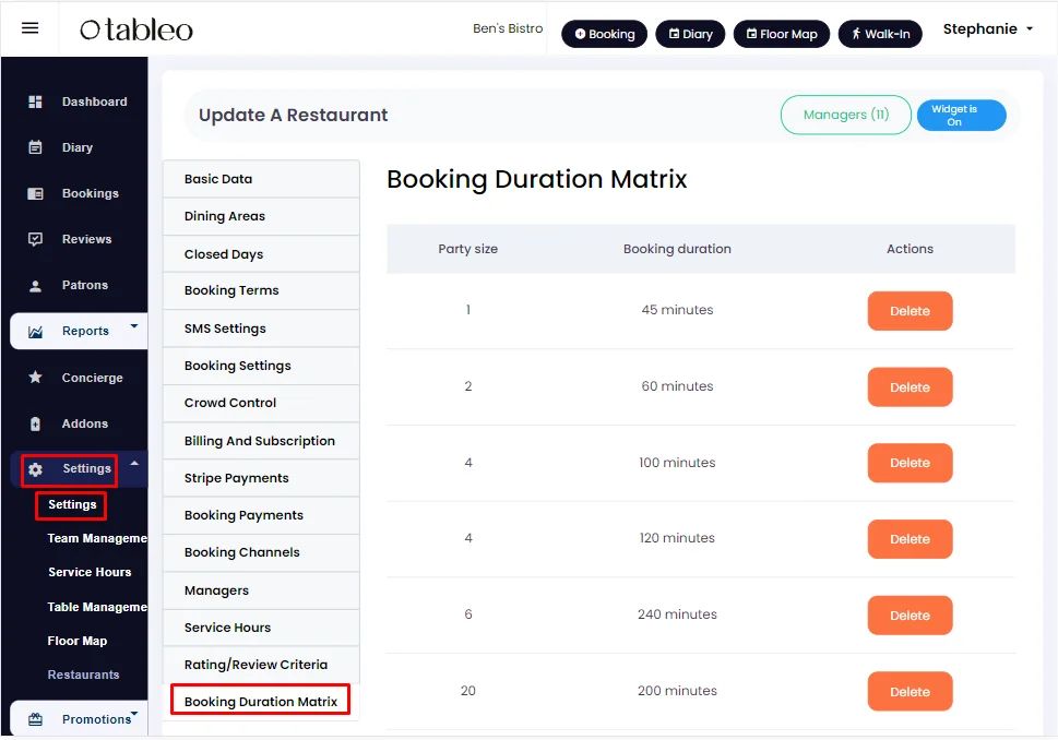 Booking Duration Matrix