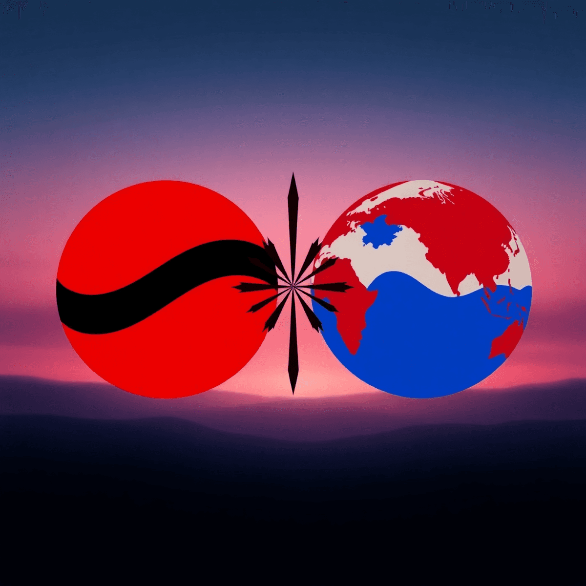 Two stylized globes in red and blue face each other with abstract arrows and lightning bolts between them