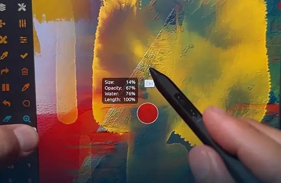 Stylus painting on a colorful digital canvas; on-screen brush settings show size, opacity, water, and length of the brush.