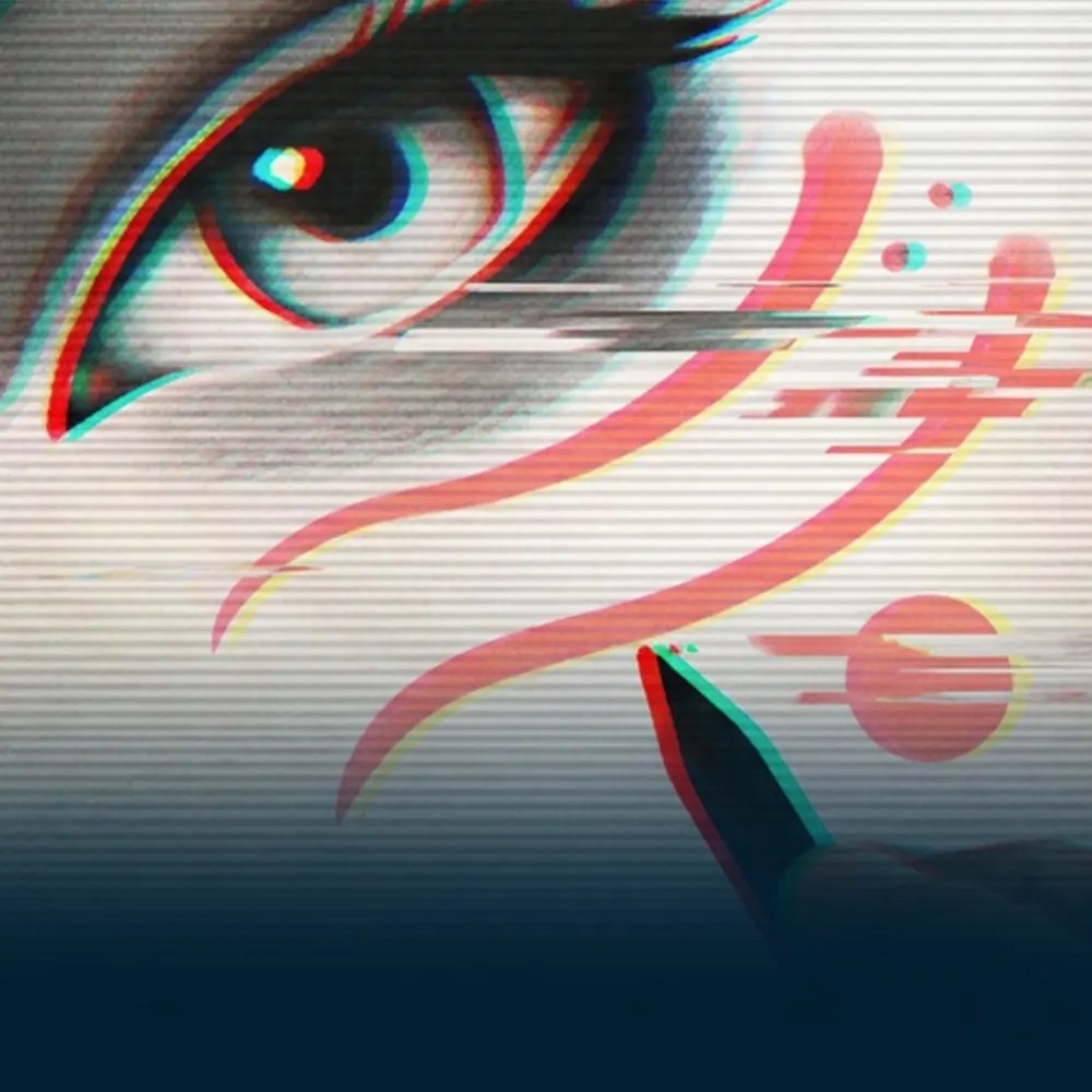 Close-up of a stylized eye with neon red/blue glitch accents and curved lines suggesting drawing with a pen nearby.