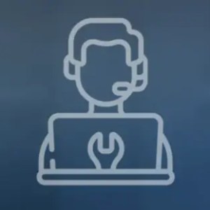 Icon of a support agent with headset, using a laptop that shows a wrench symbol (technical support).