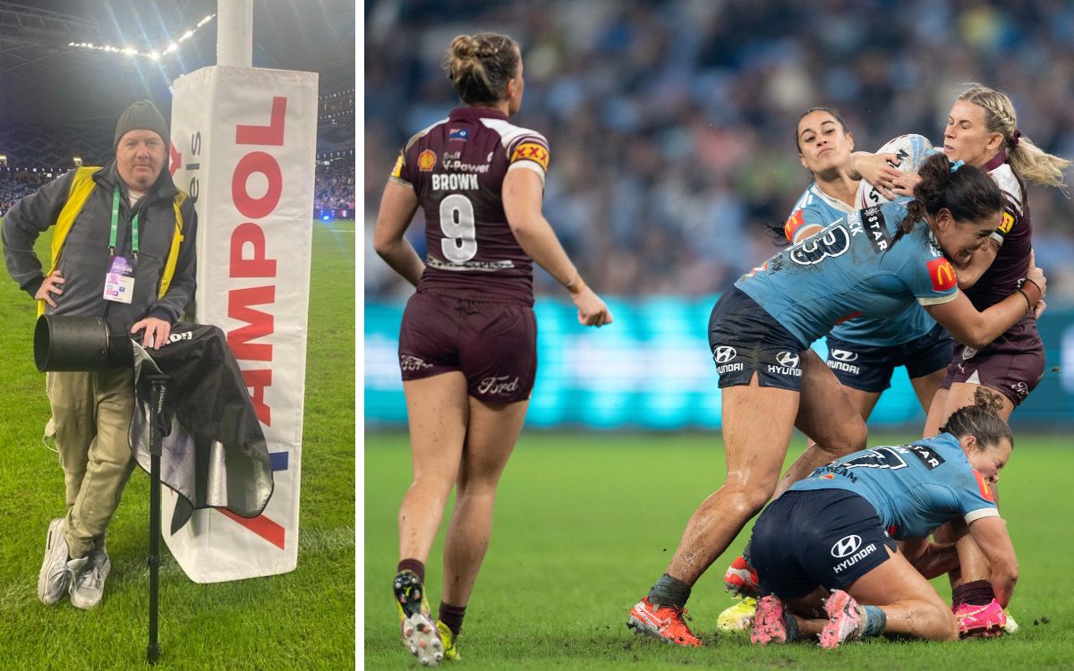Photographer Lee Reilly (left) and player of the match Olivia Kernick (13) hammers a Queensland ballcarrier. Main photo: Lee Reilly