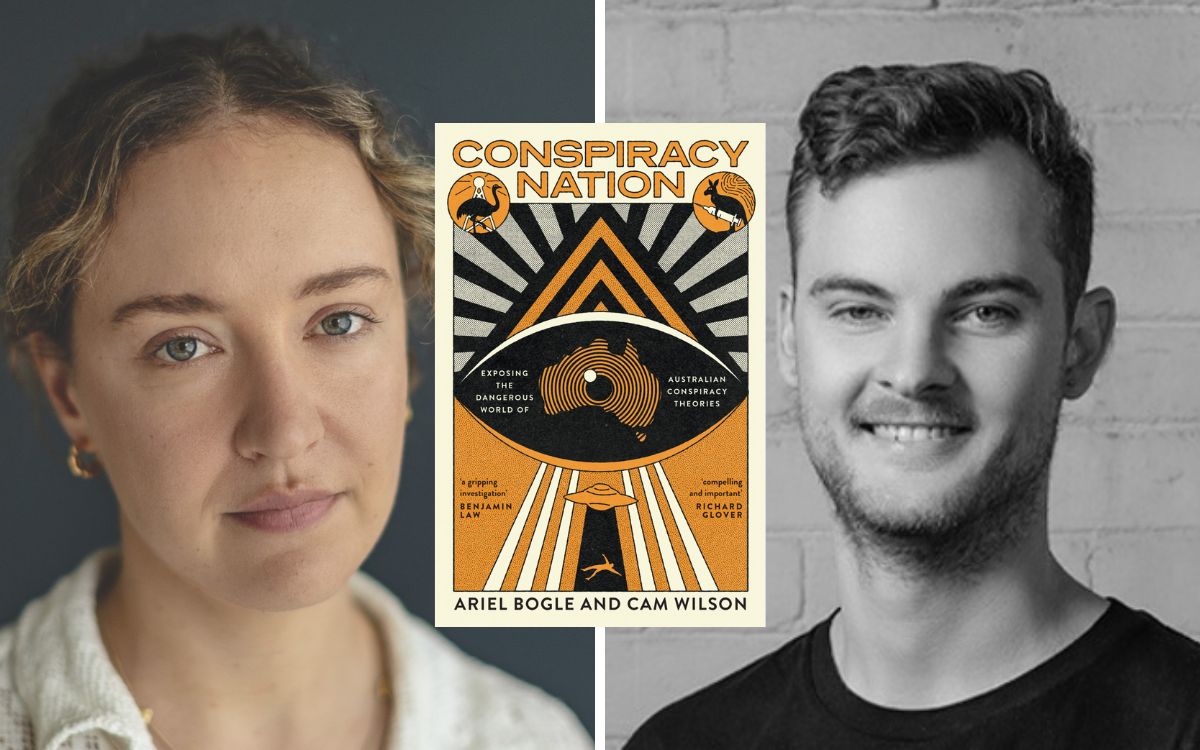 Crikey’s associate editor and co-author Cam Wilson, the striking Conspiracy Nation book cover and Ariel Bogle, co-author and investigate reporter at Guardian. Images: Hardie Grant Publishing
