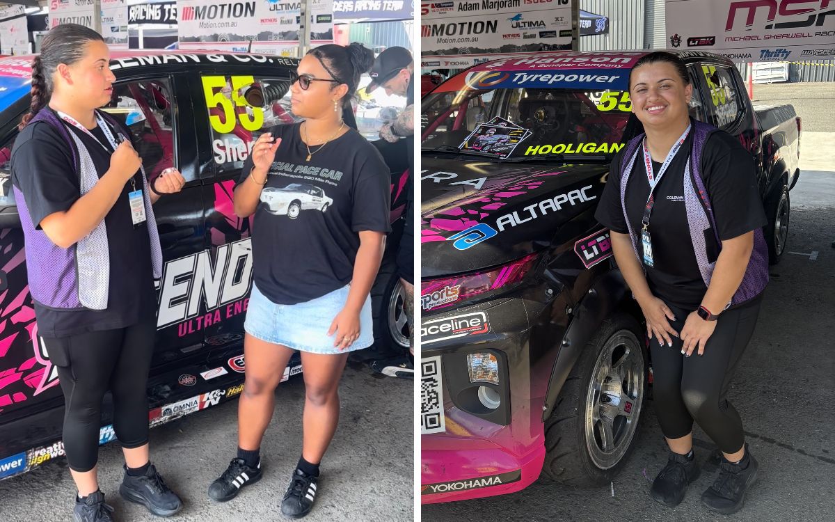 Tiana Pringley interviews Kaitie at the Sydney 500 (left) and Tiana beside Michael Sherwell's V8 Superute. Photos: Tiana Pringley