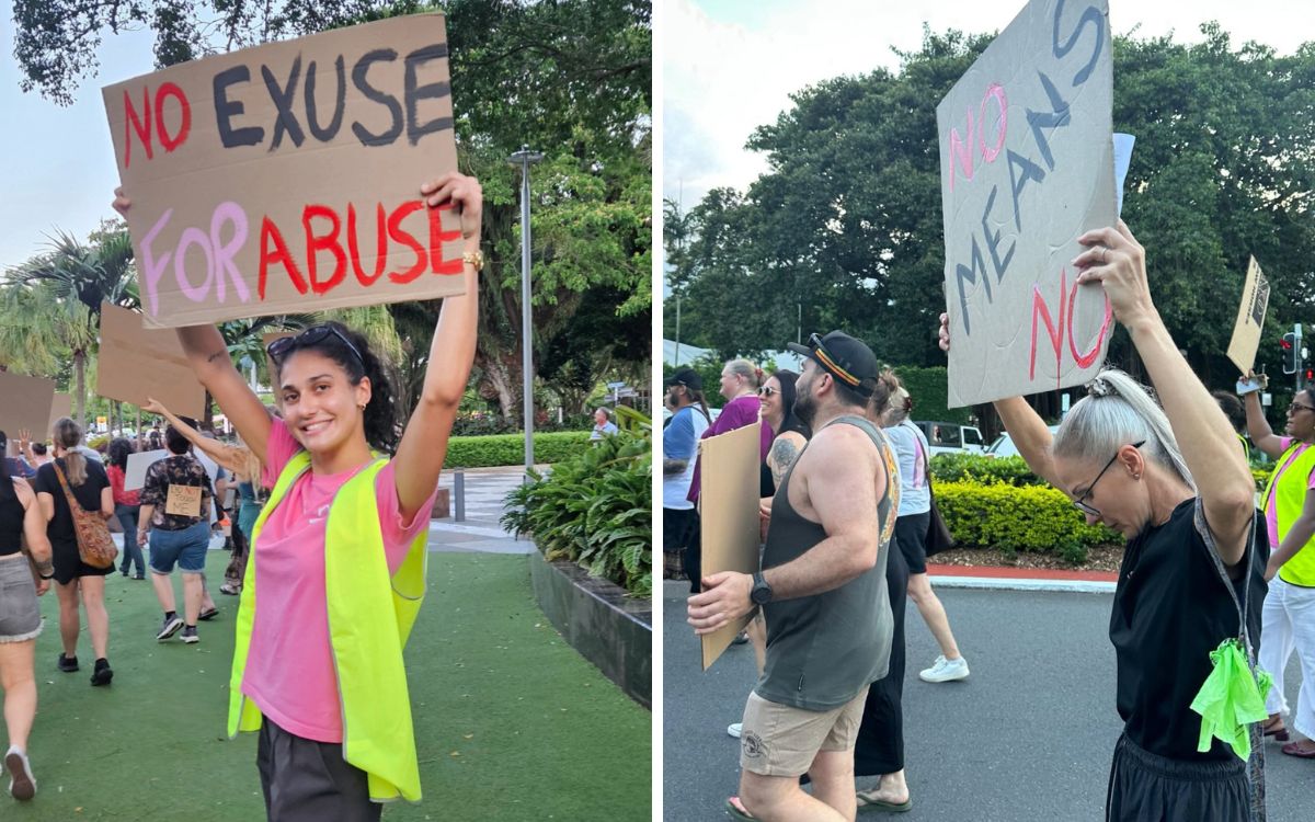 Paralegal and domestic violence advocate Mya Cozzuol (left) and Nikki Cozzuol, surviver and mother, marching in Cairns for a domestic violence rally. Photos: Téa Cozzuol