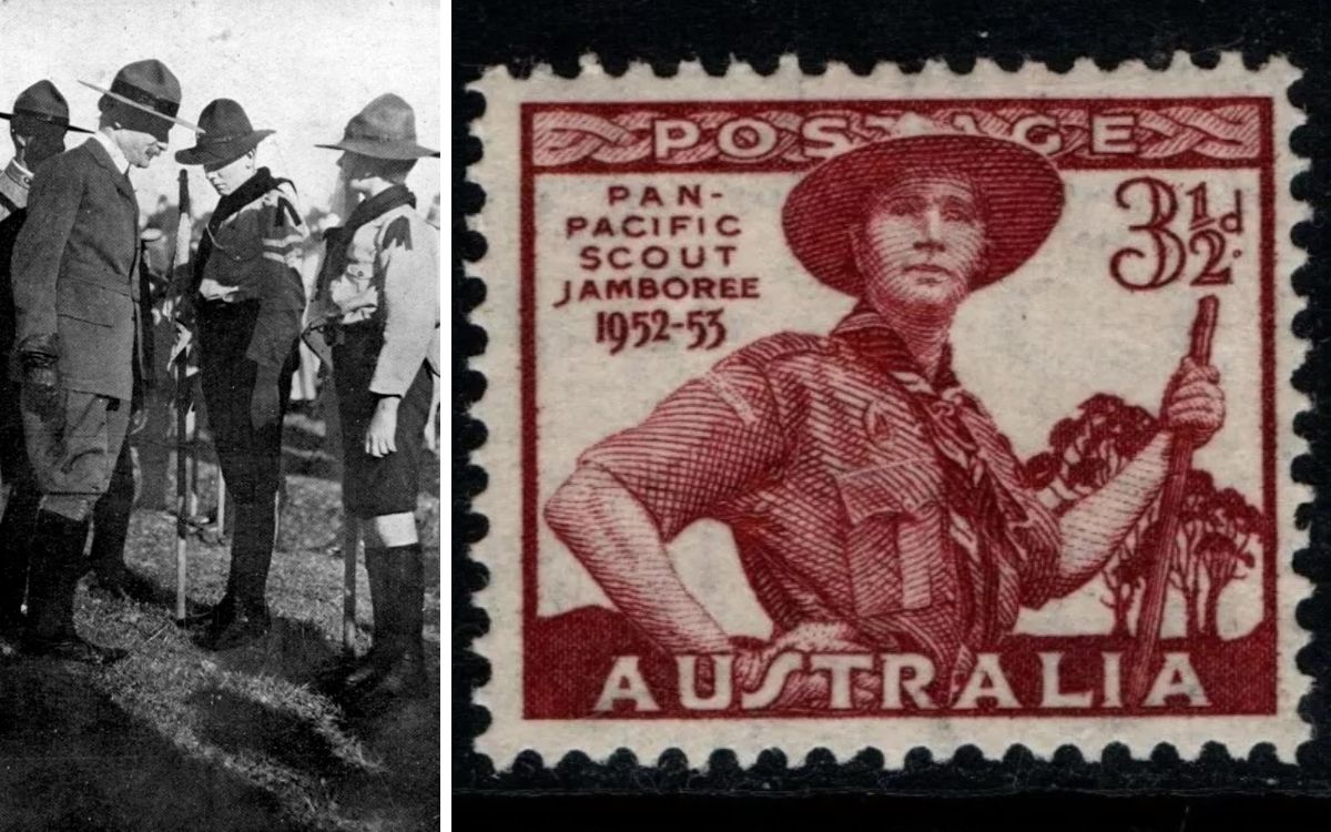 Lord Baden-Powell meets Queensland scouts in 1911 (left) and a stamp commemorating the 1952-53 Jamboree which saw more than 11,000 scouts gather in Greystanes. Photos: The Queenslander/CC/pexels, Wikimedia Commons