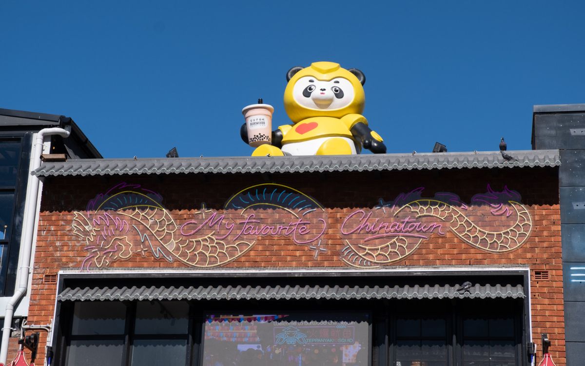 A giant panda with a bubble tea greets visitors to Burwood Chinatown. Photo: Catherine Cranston