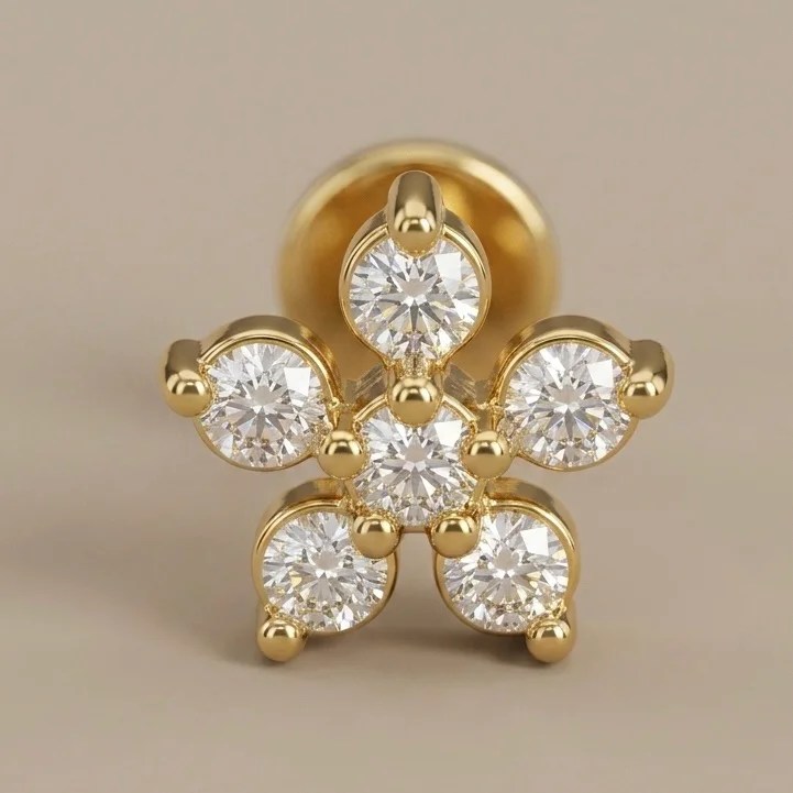 Fleur - Labret interne doré avec une fleur ornementé de cristaux