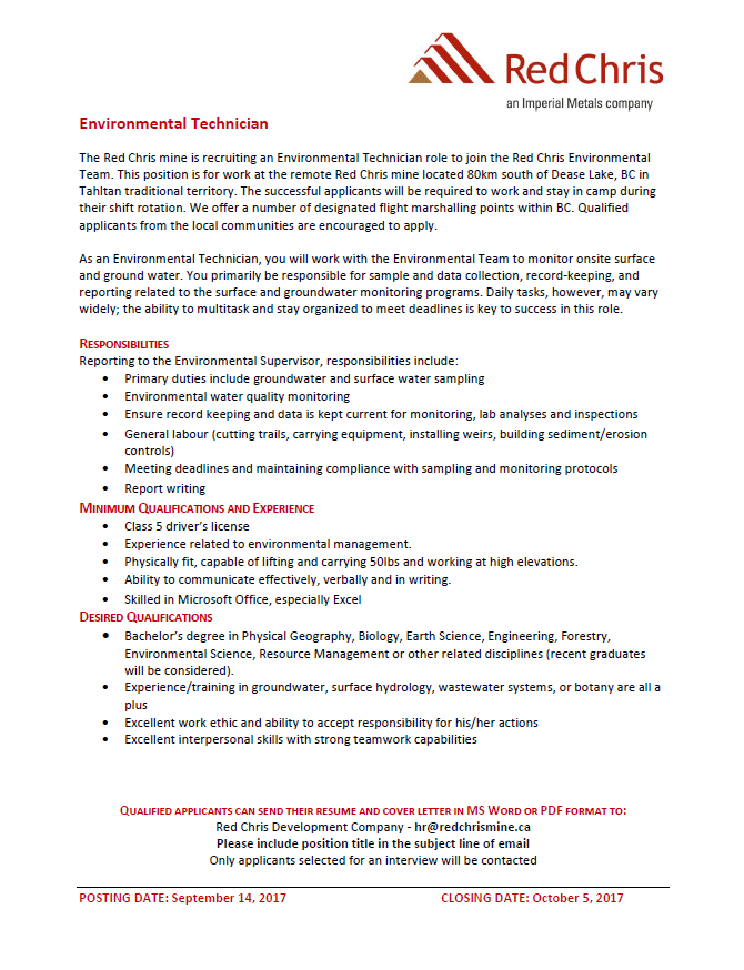 Environmental Technician Tahltan Band Council