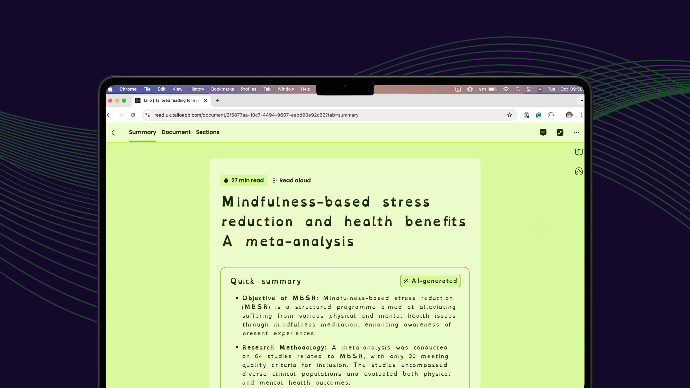 A laptop with the Tailo reading platform on screen. An academic journal titled "Mindfulness-based stress reduction and health benefits: A Meta Analysis" is open in Tailo on the content overview screen. The academic journal has been reformatted in the OpenDyslexic font.