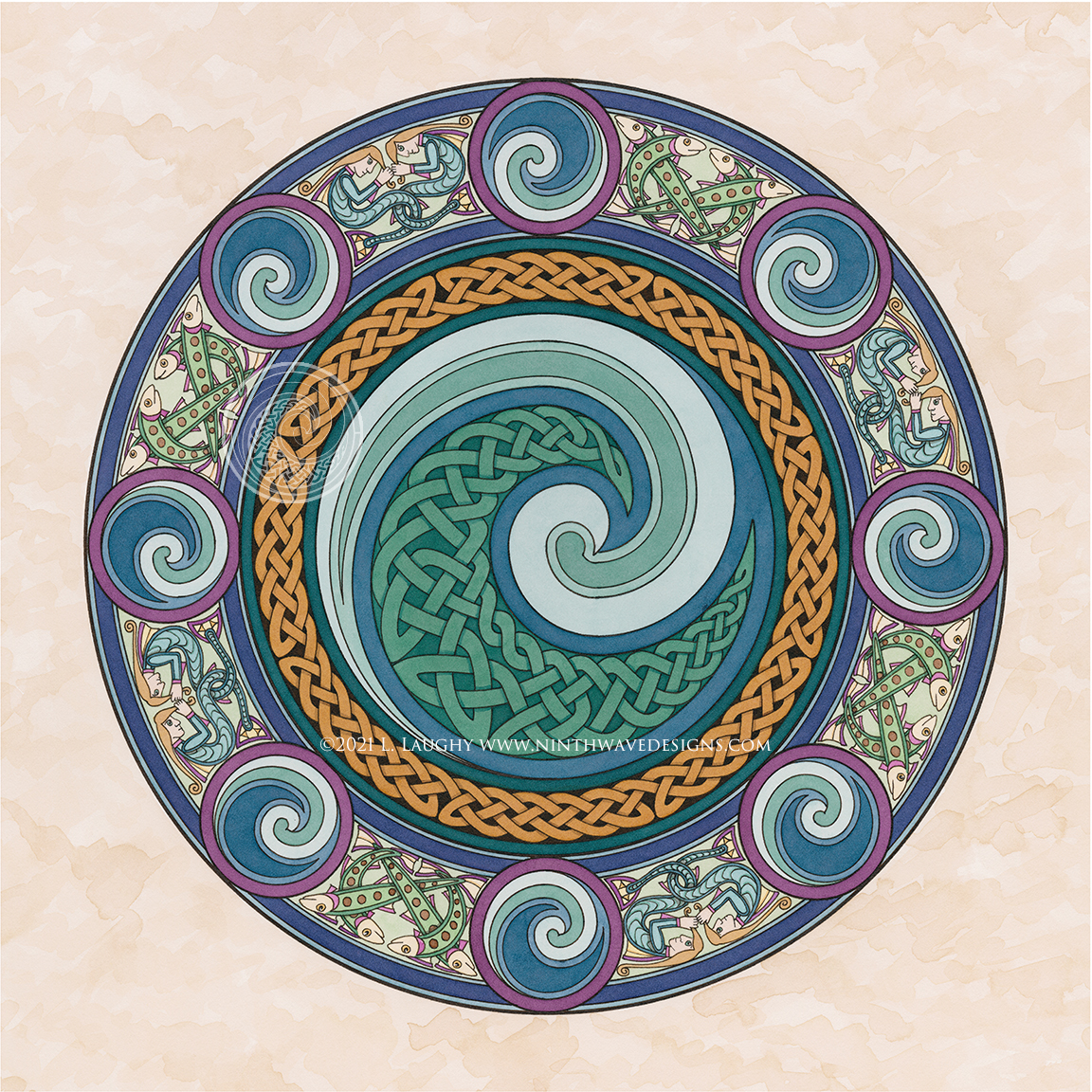 Ninth Wave Shield: 10.5" x 10.5", acrylic inks on paper.