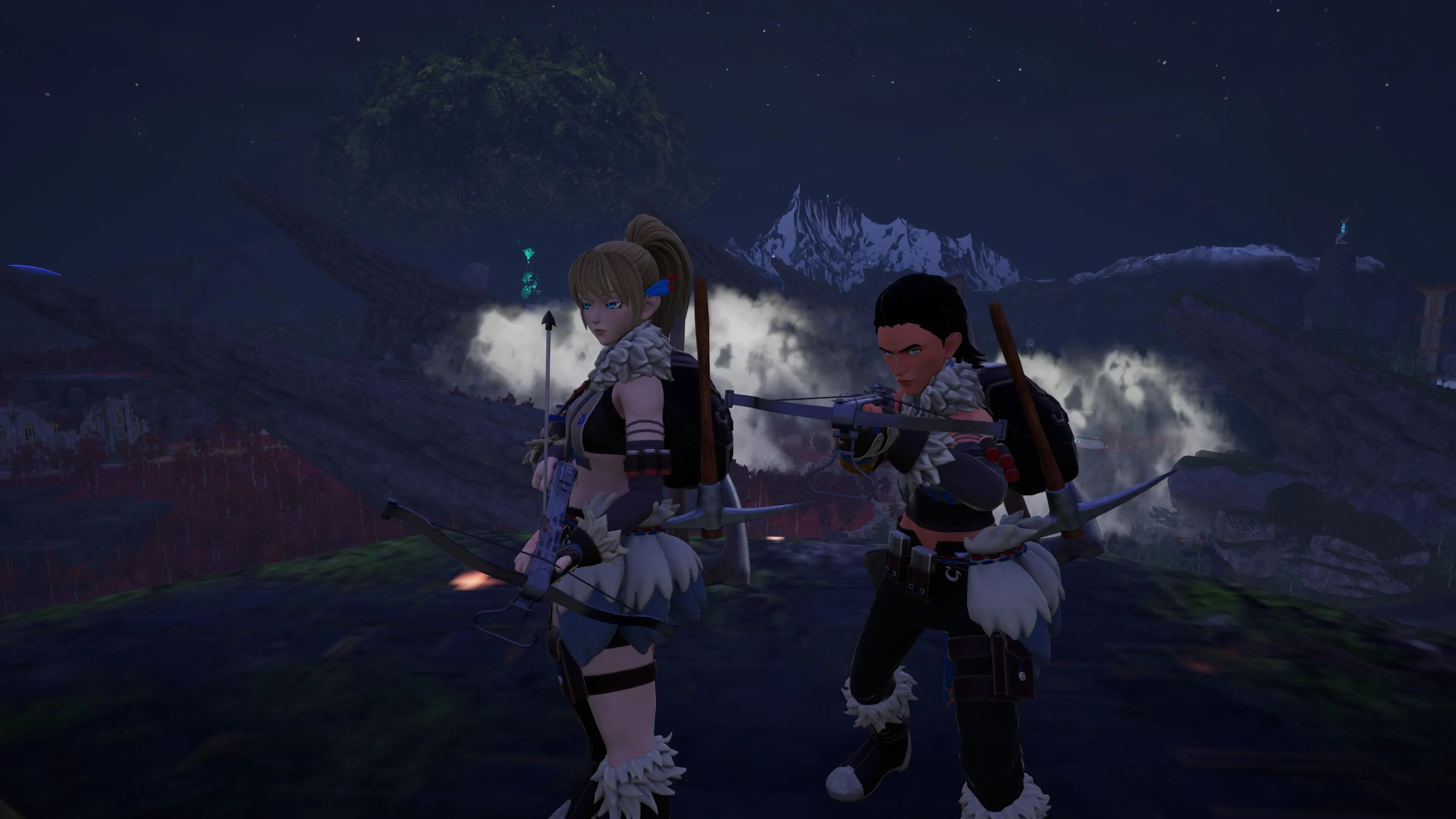 Screenshot from palworld. Two characters stand on a cliff