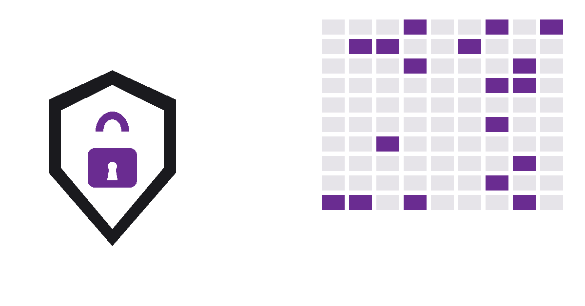 Flat illustration of a shield with a padlock beside a grid of data server blocks, in Taisalia brand purple and black