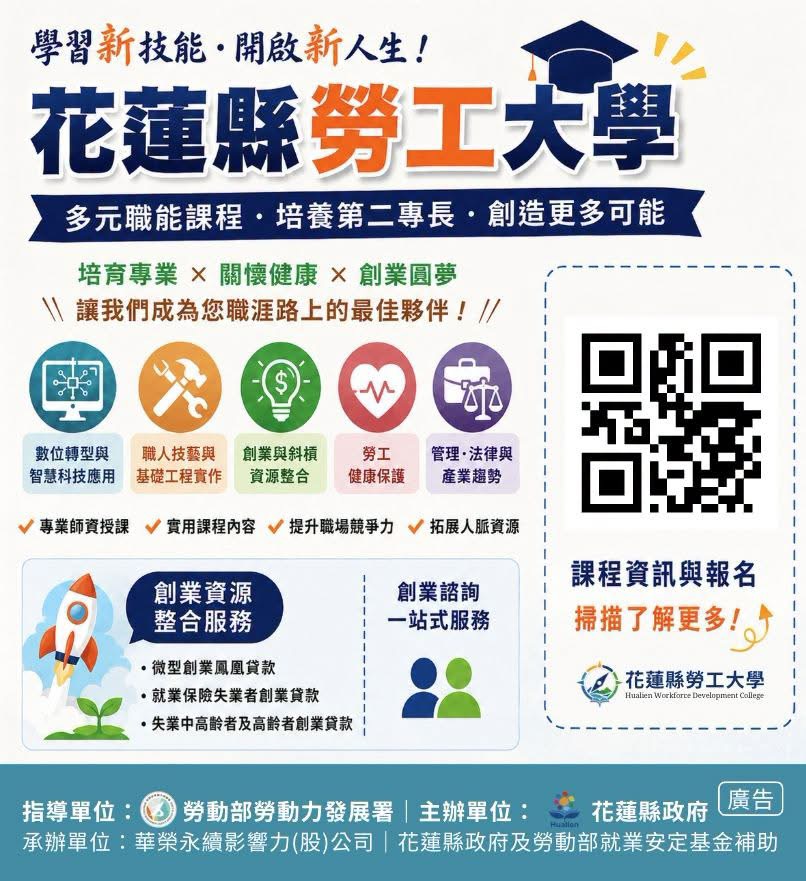【集萬眾期待！縣府傾聽民意量身打造花蓮縣勞工大學 規劃5大類、16系列、共100場次免費實務課程 熱烈報名中】