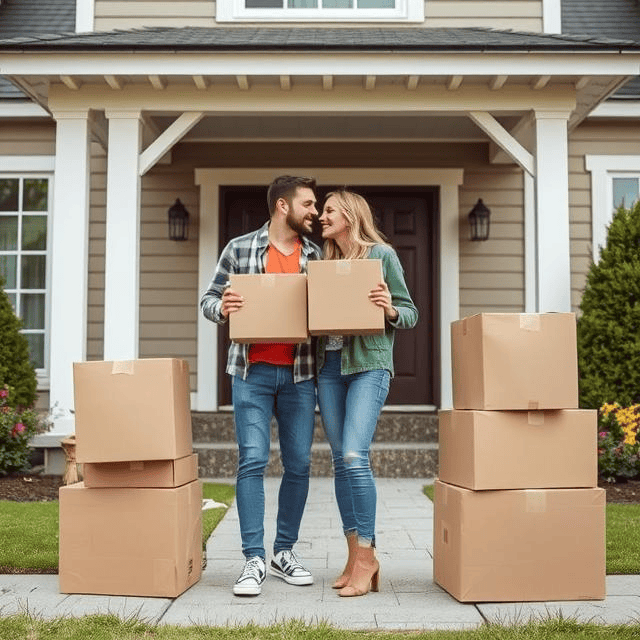 boyfriend and girlfriend in front of their house with moving boxes