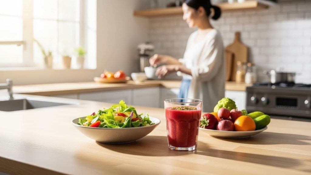 A vibrant glass of red smoothie sits on a kitchen countertop beside a bowl of fresh salad, while a woman prepares food in the background.