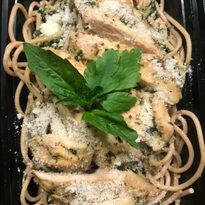 Pesto Grilled Chicken over Spaghetti