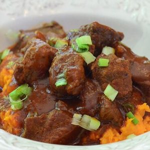 BBQ Steak Tips, Sweet Potatoes, Green Beans