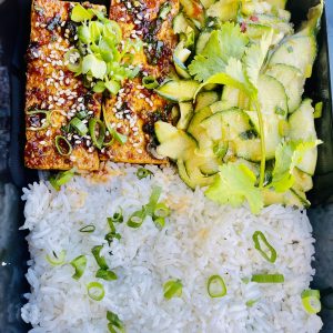 Teriyaki Tofu, Asian Cucumber Salad, Jasmine Rice
