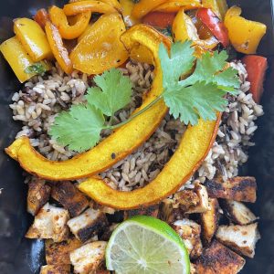 Cajun Chicken Wild Rice, Roasted Sliced Pumpkin & Sauteed Peppers