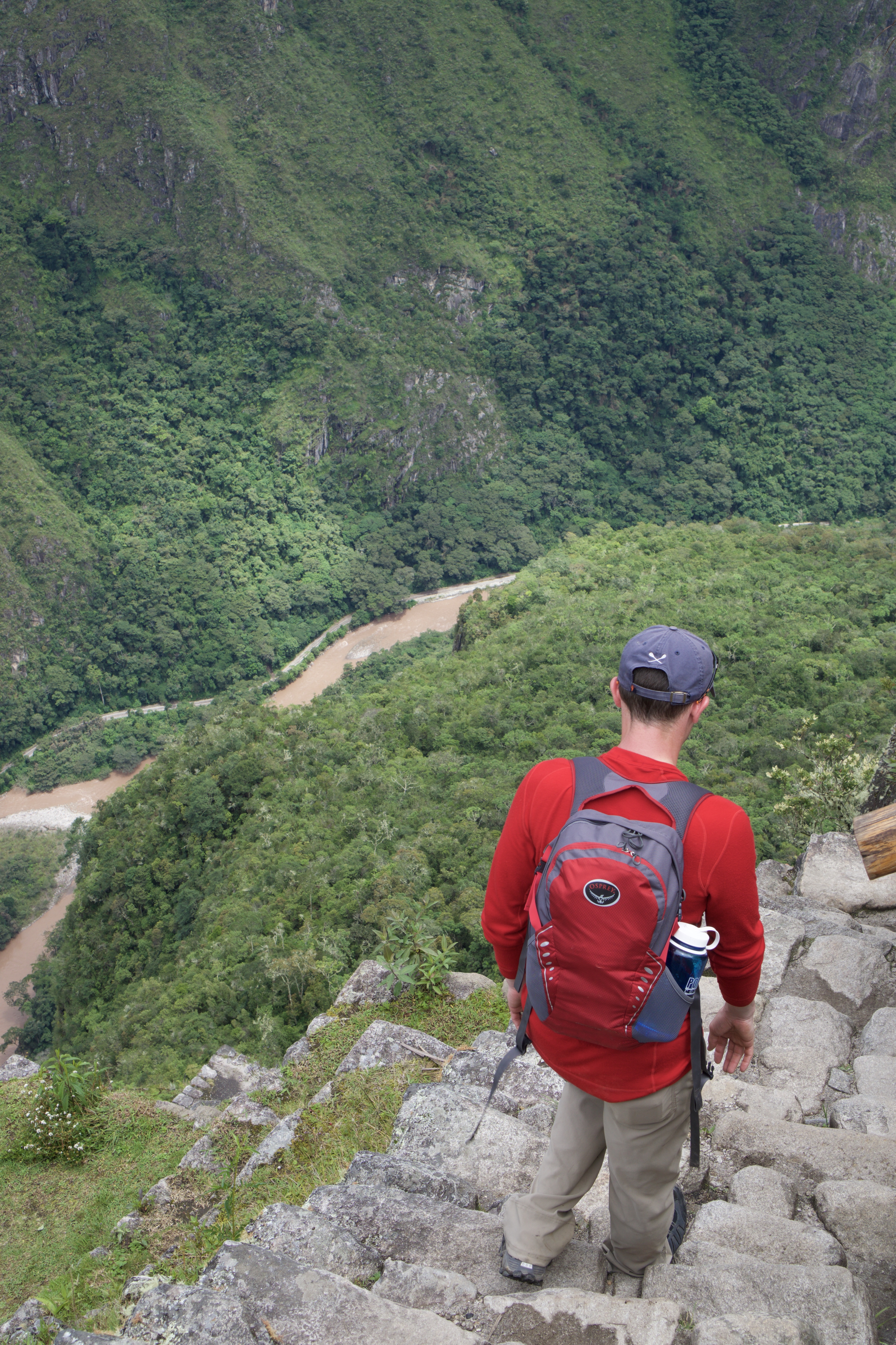 Navigating the stairs on Huayna Picchu, no railings :-)